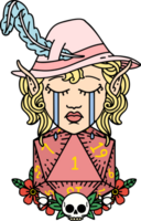 crying elf bard character with natural one D20 roll illustration png