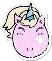 distressed sticker of a quirky hand drawn cartoon unicorn png