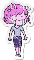 distressed sticker of a cartoon crying alien girl png