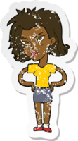 retro distressed sticker of a cartoon woman with hands on hips png