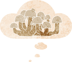 cartoon mushroom and thought bubble in retro textured style png