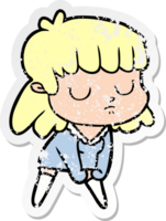 distressed sticker of a cartoon indifferent woman png