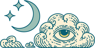 tattoo style icon of a moon stars and cloud png