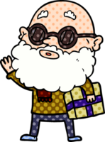 Cartoon neugieriger Mann mit Bart, Sonnenbrille und Geschenk png