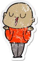 distressed sticker of a happy cartoon bald man shrugging shoulders png