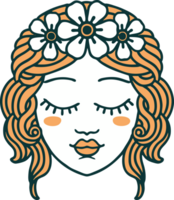 tattoo style icon of female face with eyes closed png