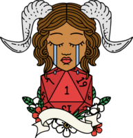 crying tiefling with natural one D20 roll illustration png