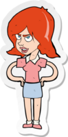 sticker of a cartoon annoyed woman with hands on hips png