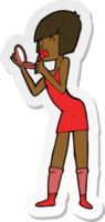 klistermärke av en tecknad kvinna som applicerar läppstift png