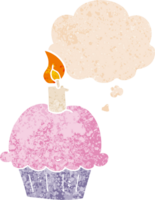 cartoon birthday cupcake and thought bubble in retro textured style png