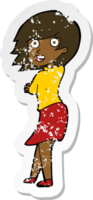 retro distressed sticker of a cartoon happy woman png