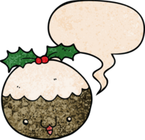 cute cartoon christmas pudding and speech bubble in retro texture style png