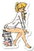 distressed sticker tattoo of a pinup girl sitting on books png