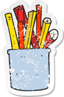 retro distressed sticker of a cartoon desk pot of pencils and pens png