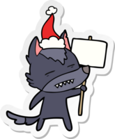 sticker cartoon of a wolf with sign post showing teeth wearing santa hat png