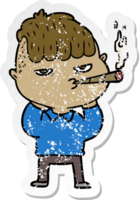 distressed sticker of a cartoon man smoking png