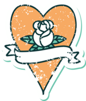 ícone de estilo de tatuagem de adesivo angustiado de uma rosa de coração e banner png