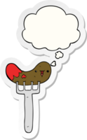 cartoon sausage and fork and thought bubble as a printed sticker png