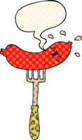 cartoon happy sausage on fork and speech bubble in comic book style png
