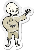 retro distressed sticker of a cartoon skeleton waving png