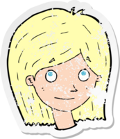 retro distressed sticker of a cartoon happy female face png