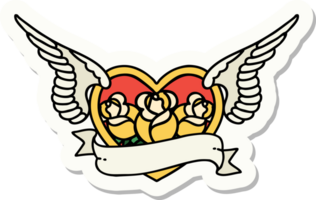 tattoo style sticker of a flying heart with flowers and banner png