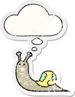 cute cartoon snail and thought bubble as a distressed worn sticker png