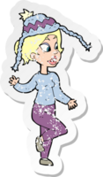 retro distressed sticker of a cartoon woman in knitted hat png