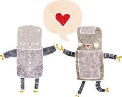 cartoon robots in love and speech bubble in retro textured style png