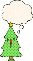 cartoon kerstboom en gedachte bel in stripboekstijl png