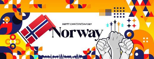 Norwegian Constitution Day banner in colorful modern geometric style. Happy Norway national independence day greeting card cover with typography. Vector illustration for celebrating national holidays