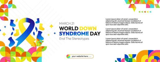 World Down Syndrome Day banner in colorful modern geometric style. Happy Down Syndrome Day wide banner for social media, posters, invitations, greetings and more vector