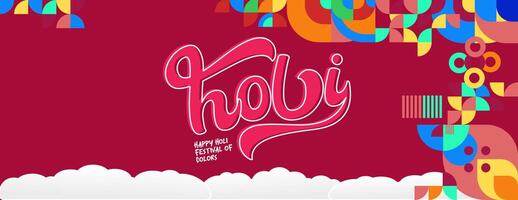 Happy Holi Festival Of Colors banner in colorful modern geometric style. Holi Festival greeting card cover with typography. Vector illustration background