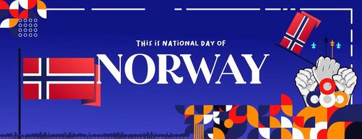 Norwegian Constitution Day banner in colorful modern geometric style. Happy Norway national independence day greeting card cover with typography. Vector illustration for celebrating national holidays