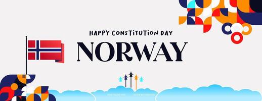 Norwegian Constitution Day banner in colorful modern geometric style. Happy Norway national independence day greeting card cover with typography. Vector illustration for celebrating national holidays