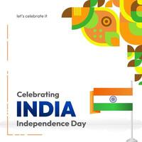 Indian Independence Day banner in colorful modern geometric style. Square greeting card cover Happy national independence day with typography. National holiday celebration party background vector