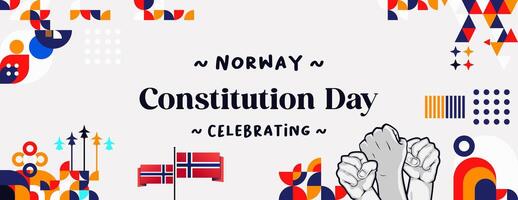 Norwegian Constitution Day banner in colorful modern geometric style. Happy Norway national independence day greeting card cover with typography. Vector illustration for celebrating national holidays