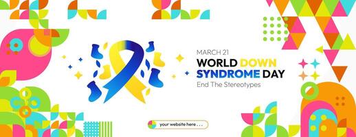 World Down Syndrome Day banner in colorful modern geometric style. Happy Down Syndrome Day wide banner for social media, posters, invitations, greetings and more vector