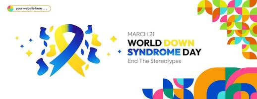 World Down Syndrome Day banner in colorful modern geometric style. Happy Down Syndrome Day wide banner for social media, posters, invitations, greetings and more vector