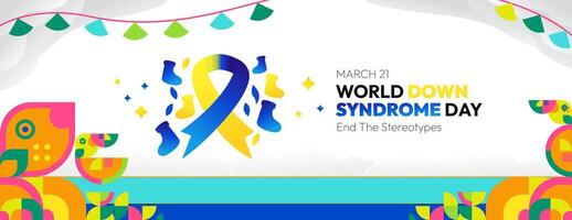 World Down Syndrome Day banner in colorful modern geometric style. Happy Down Syndrome Day wide banner for social media, posters, invitations, greetings and more vector