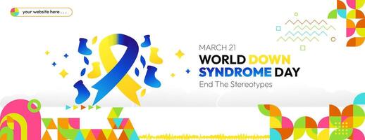 World Down Syndrome Day banner in colorful modern geometric style. Happy Down Syndrome Day wide banner for social media, posters, invitations, greetings and more vector