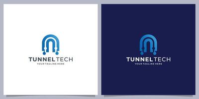 túnel tecnología logo diseño, concepto diseño con tecnología punto conectar forma con degradado color marca inspiración. vector