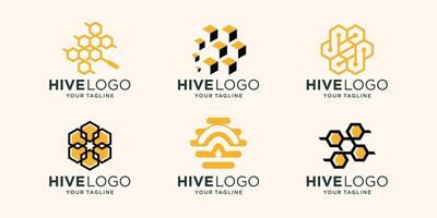 Set of retro vintage honey and bee logo template, honeycomb, hive logo branding objects set collection. vector