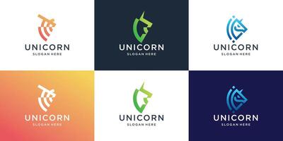 set of minimalist unicorn logos, Abstract line art style unicorn head with gradient color inspiration. vector