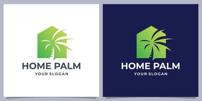Palm Home with green color logo design inspiration. silhouette palm in home space vector illustration