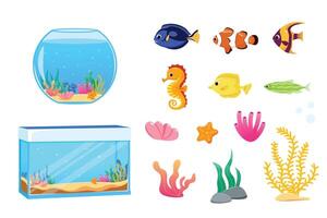 acuario conjunto de gráfico elementos en plano diseño. conjunto de exótico o tropical pez, acuario, neto, algas, caparazón, pescado comida y otro accesorios. vector ilustraciones de aislado objetos