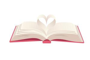 Open book with pages cartoon style. Vector the heart symbol formed by the book page. isolated on background. World book day.