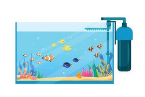 Rectangular vector aquarium with external filter External filter for aquarium fish. Vector illustration.