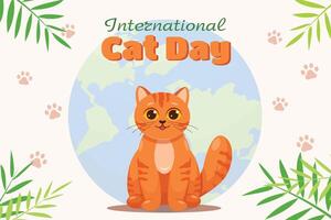 Vector flat illustration of International Cat Day. Cat on the background of planet earth. Flat vector illustration in cartoon style