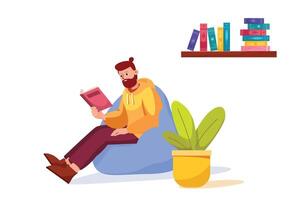 Vector man sitting on a pouf and reading a book, vector illustration